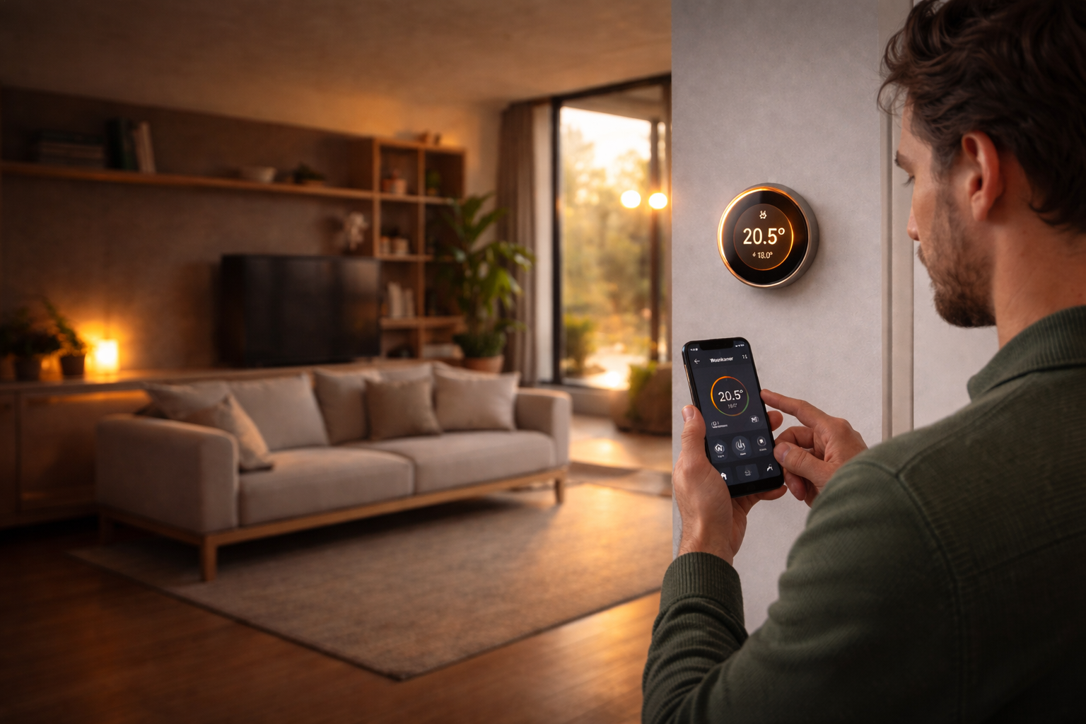 Slimme thermostaat in moderne woonkamer